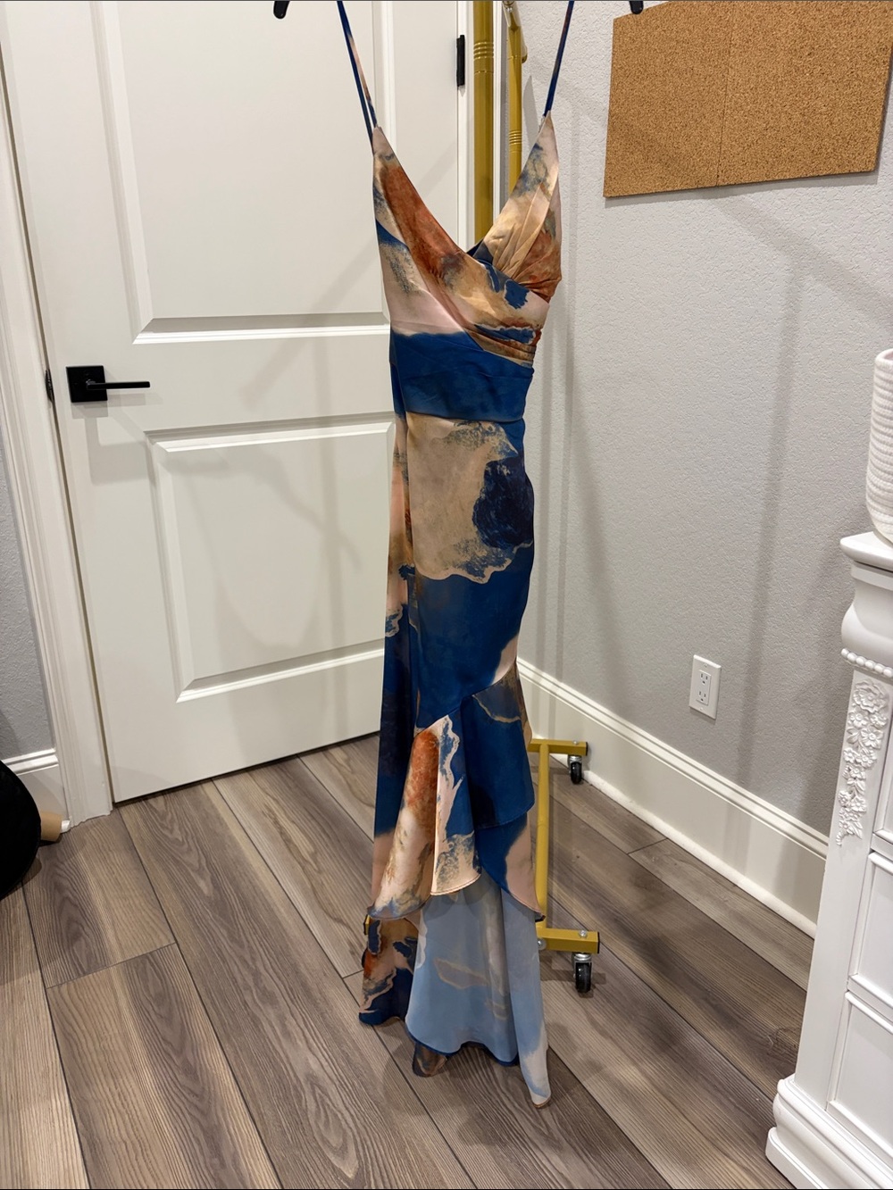 Blue Multi-Color Satin Maxi Slip Dress with Cowl Neck